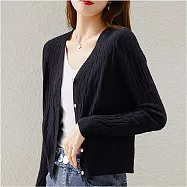 【MsMore】 優雅氣質紋路緹花單排扣長袖V領寬鬆針織短版外套 # 113895 FREE 黑色