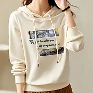 【MsMore】 秋裝新款星空印花日系慵懶風寬鬆連帽T長袖短版上衣# 113965 L 杏色