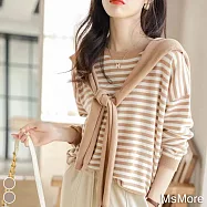 【MsMore】 海軍風條紋披肩2件套柔軟圓領長袖短版寬鬆針織上衣# 113638 FREE 卡其色
