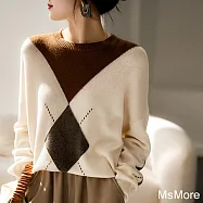 【MsMore】 秋冬輕奢手工嵌花編織菱格羊絨感長袖圓領寬鬆針織短版上衣# 113890 FREE 杏色