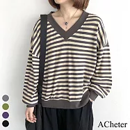 【ACheter】 春秋新款大碼寬鬆條紋V領長袖t恤短版上衣 # 114058 L 灰色