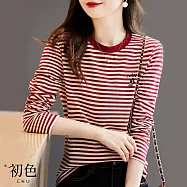 【初色】通勤顯瘦條紋刺繡T恤上衣-共2色-63730(M-2XL可選) M 紅色
