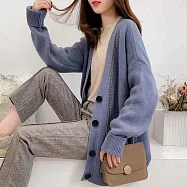【ACheter】 韓版網紅學生寬鬆大碼慵懶風口袋長袖大V領針織百搭長版外套 # 113766 FREE 藍色