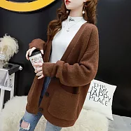 【ACheter】 韓版網紅學生寬鬆大碼慵懶風口袋長袖大V領針織百搭長版外套 # 113766 FREE 咖色