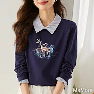 【MsMore】梵希蔓假兩件上衣polo領條紋拼接長袖襯衫寬鬆短版上衣# 114004 M 藏青