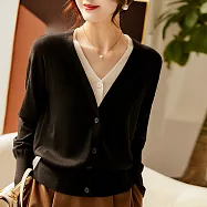 【ACheter】 秋冬新款清新撞色雙V領假兩件毛衣針織長袖短版外套上衣# 114167 FREE 黑色