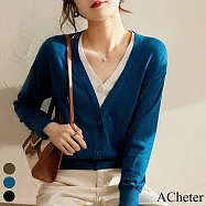 【ACheter】 秋冬新款清新撞色雙V領假兩件毛衣針織長袖短版外套上衣# 114167 FREE 藍色