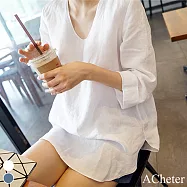 【ACheter】 小心機V領寬鬆棉麻大碼通勤涼爽七分袖防曬顯瘦中長版上衣# 114221 2XL 白色