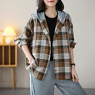 【ACheter】 連帽格紋襯衫寬鬆顯瘦大碼休閒百搭秋季長袖中長版外套罩衫上衣# 114226 2XL 黃色