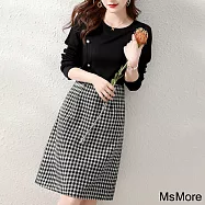 【MsMore】 韓版圓領休閒長袖寬鬆拼接格子修身顯瘦連身長版洋裝# 114249 2XL 黑色