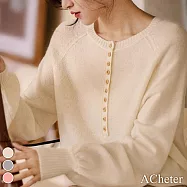 【ACheter】 洋氣亨利領優雅羊絨感圓領長袖針織套頭衫寬鬆短版上衣 # 114304 FREE 米白