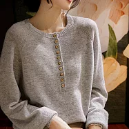 【ACheter】 洋氣亨利領優雅羊絨感圓領長袖針織套頭衫寬鬆短版上衣 # 114304 FREE 灰色