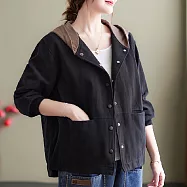 【ACheter】 復古秋季棒球服長袖寬鬆大碼休閒短款上衣連帽外套 # 114314 2XL 黑色