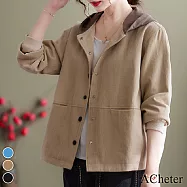 【ACheter】 復古秋季棒球服長袖寬鬆大碼休閒短款上衣連帽外套 # 114314 XL 卡其