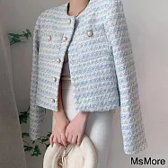 【MsMore】 香榭氣質高級感小香風圓領長袖藍白珍珠扣短版外套# 114328 L 藍色