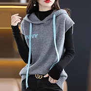 【MsMore】 時尚無袖連帽套頭英文字母百搭寬鬆短版針織馬甲背心上衣# 114338 FREE 灰色