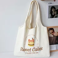 E.City_蛋糕圖案單肩帆布購物提袋 奶油蛋糕