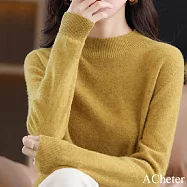 【ACheter】 秋冬半高領寬鬆套頭一線無縫羊絨感長袖內搭針織短版毛衣上衣# 114118 FREE 芥末黃