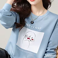 【MsMore】 卡通圖案新款時尚減齡趣味印花百搭休閒圓領長袖T寬鬆短版上衣# 114405 L 藍色