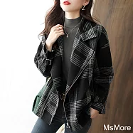 【MsMore】 時尚翻領斜門襟復古工裝格子街頭風加棉寬鬆長袖大外套# 114432 2XL 黑色