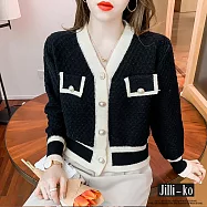 【Jilli~ko】韓版小香風拚色金釦短款針織衫 J9504 FREE 黑色