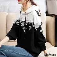 【MsMore】 凱特王妃風時尚寬鬆刺繡拼色連帽長袖短版上衣 # 114663 XL 黑色