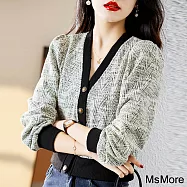 【MsMore】 撞色v領顯瘦小香風長袖夾克寬鬆外套短款上衣# 114441 XL 黑色