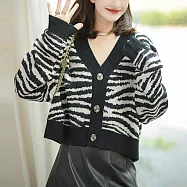 【MsMore】 小虎動物紋毛衣寬鬆V領羊毛感百搭時髦長袖寬鬆短版針織外套# 114471 FREE 白色