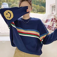 【MsMore】 莉貝琳笑臉毛衣減齡鬼馬圓領針織衫長袖圓領寬鬆百搭撞色套頭短版上衣# 114562 FREE 藏青