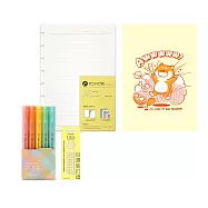 TO NOTE 柴柴筆記組 (封面-大吃貨+裝訂環15mm-黃+橫線內頁+KACO馬卡龍螢光筆5色)