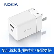 【Nokia 諾基亞】30W GaN氮化鎵USB+Type-C 雙孔PD快充充電器(P6307) 白色