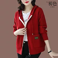 【初色】休閒連帽針織毛衣開衫保暖外套上衣-共4色-65656(F可選) F 酒紅色