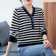 【MsMore】 套頭小荷葉圓領寬鬆長袖大碼條紋時尚休閒短版針織衫上衣 # 114806 FREE 藏青