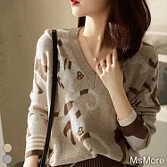 【MsMore】 溫柔知性猴子圖案V領落肩長袖羊毛感針織衫寬鬆短版上衣# 114881 FREE 駝色