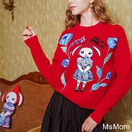 【MsMore】 刺繡珠飾草莓兔綿羊毛圓領毛衣長袖針織衫短版上衣# 115053 FREE 紅色