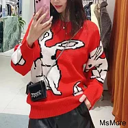 【MsMore】 本命年紅毛衣新年兔子圖案圓領套頭寬鬆長袖羊毛聖誕針織衫短版上衣# 115073 FREE 紅色