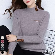 【MsMore】 羊絨半高領加厚豹紋拼接長袖內搭修身針織毛衣上衣# 115377 FREE 灰色