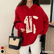 【MsMore】 連帽抽繩小兔子緹花毛衣韓版寬鬆長袖紅色過年好彩頭減齡針織衫中長上衣# 115400 FREE 紅色