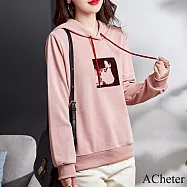 【MsMore】 大碼寬鬆顯瘦休閒運動珠片繡花連帽長袖短版上衣 # 115482 XL 藕粉