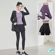 【BODYAIR嚴選】假兩件雙層球裙舞感九分褲(瑜珈.運動.慢跑.透氣.舞蹈.運動褲) M 黑