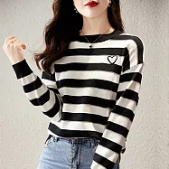 【MsMore】 寬鬆圓領長袖條紋針織T卹寬鬆短版上衣# 115498 FREE 黑色