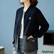 【MsMore】 歐洲時尚牛仔外套拼接圓領長袖棒球夾克短版外套# 115513 4XL 黑色