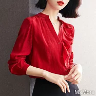 【MsMore】 新品V領紅色雪紡衫荷葉邊百搭短版上衣# 115593 M 紅色