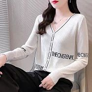 【MsMore】 新款長袖薄款洋氣百搭字母寬鬆V領針織短版外套上衣# 115631 FREE 白色