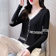 【MsMore】 新款長袖薄款洋氣百搭字母寬鬆V領針織短版外套上衣# 115631 FREE 黑色