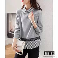 【Jilli~ko】韓版假兩件條紋蕾絲襯衫領衛衣 M-XL J9800 M 灰色