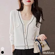 【MsMore】 氣質翻蓋假口袋減齡針織法式小香風寬鬆休閒長袖短版外套上衣# 115633 FREE 白色
