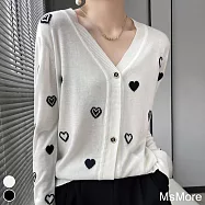 【MsMore】 法式重工愛心提花V領針織開衫寬鬆百搭長袖短版外套上衣# 115635 FREE 白色