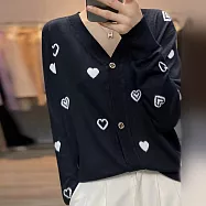 【MsMore】 法式重工愛心提花V領針織開衫寬鬆百搭長袖短版外套上衣# 115635 FREE 黑色