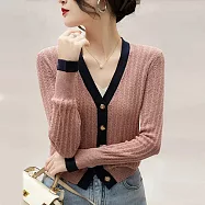 【MsMore】 經典V領針織小香絞花鏤空長袖短版外套上衣# 115637 FREE 粉紅色